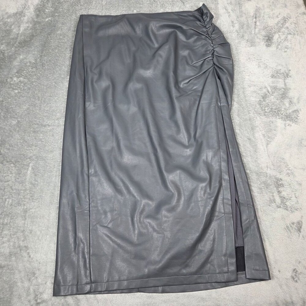 Anthropologie Skirt XL Gray Maya Ruched Vegan Leather Side Slit Chic Rock Boho